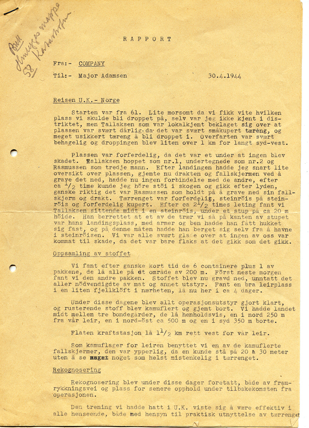 Rapport fra sabotasjeaksjonen 1943 av A. Tønnes, side 1
